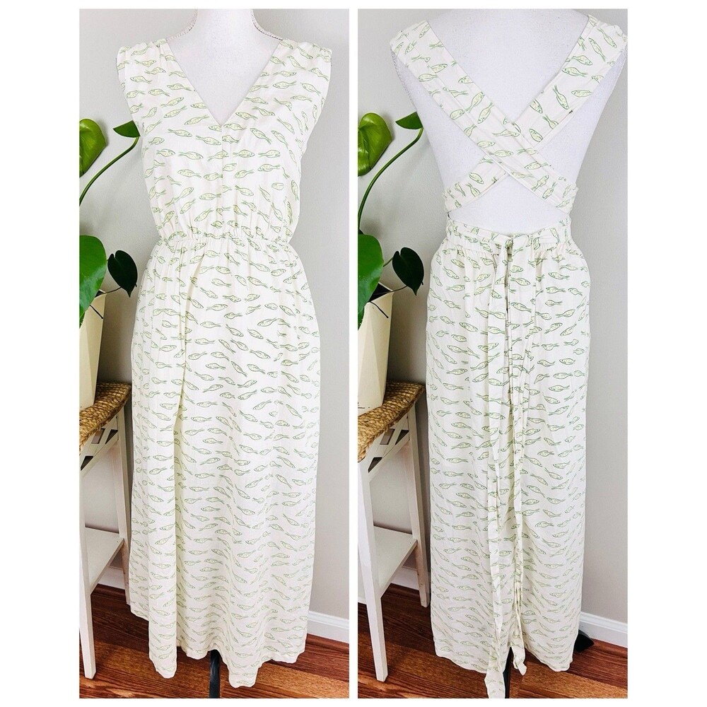 A New Day Green & White Fish Dress Criss Cross Soft Lined Linen Feel Coastal XL
